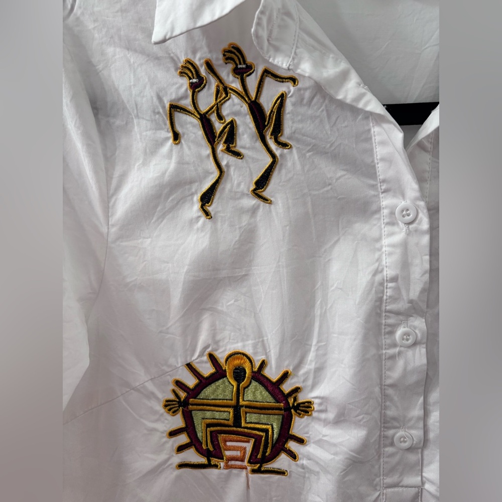 Embroidered Egyptian Patch Button White Blouse - image 4
